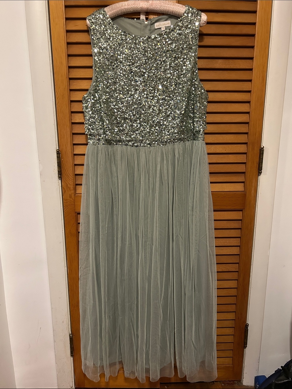 Sage Green Sequin Bodice Tulle Maxi Dress